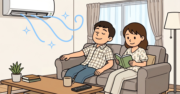 エアコンの効いた部屋でくつろぐ夫婦